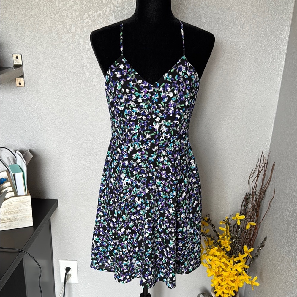 Express Black and Purple Mini Sundress Sleeveless Spaghetti Strap